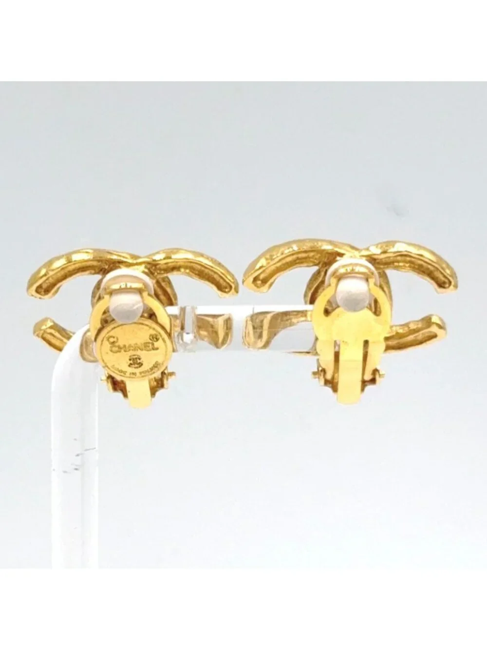 Chanel CC Logo Texture Gold Plated Earrings